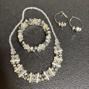 Elegant Silver Clear Jewelry Set Necklace Earrings Bracelet Formal Classy